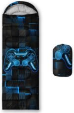 Gamepad Sleeping Bag,3 Season Warm and Cool Weather Game Console Sleeping Bag for Boys Teens,Waterproof Lightweight Geometry Hexagonal Sleeping Bag for Traveling,Outdoors Camping,Blue,Black