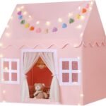 Kids Play Tent Indoor: with Mat, Tassel Garland, Star Lights - Pink Girl Tent Playhouse for Toddlers Kids Toys for Boy Girl Birthday Gift for Kids