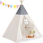 Teepee Tent for Kids Slumber Party - Cotton Canvas Foldable Kids Tent Indoor with Light & Flag Play House Outdoor - Toddler  Playroom for Girls Gift Toys - Tee Pee Tents(Stars Design)