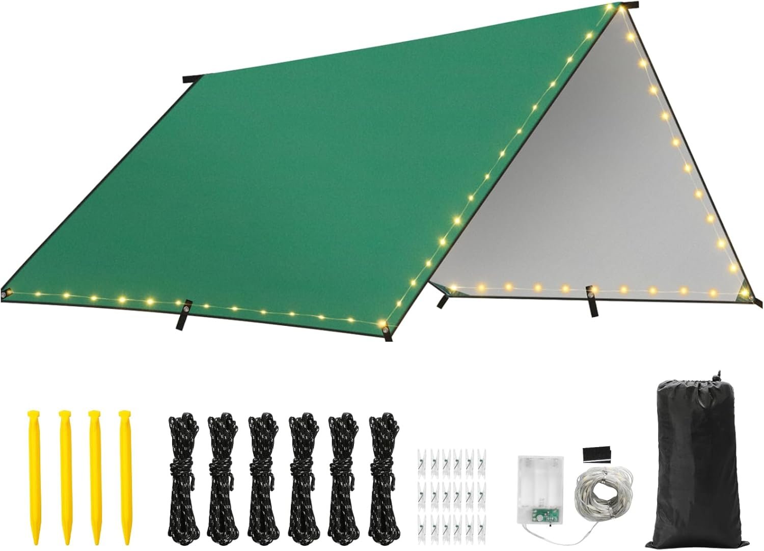 61YhVr1zJuL._AC_SL1500_.jpg Waterproof Tent Tarp, 9.8 × 9.8 Ft Large Outdoor Shelter Cover with Light Strings, Lightweight Portable Tarp Shelter Rain Tarp Camping Canopy for Hiking Traveling Backpacking - Image 1