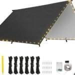 Waterproof Tent Tarp, 9.8 × 9.8 Ft Large Outdoor Shelter Cover with Light Strings, Lightweight Portable Tarp Shelter Rain Tarp Camping Canopy for Hiking Traveling Backpacking