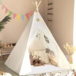Teepee Tent for Kids Tent Indoor with Mat - Cotton Canvas White Toddler Tee Pee Tents Play House- Collapsible Tents for Slumber Party - Washable  Boho Bedroom Gift Toys for Girls & Boys