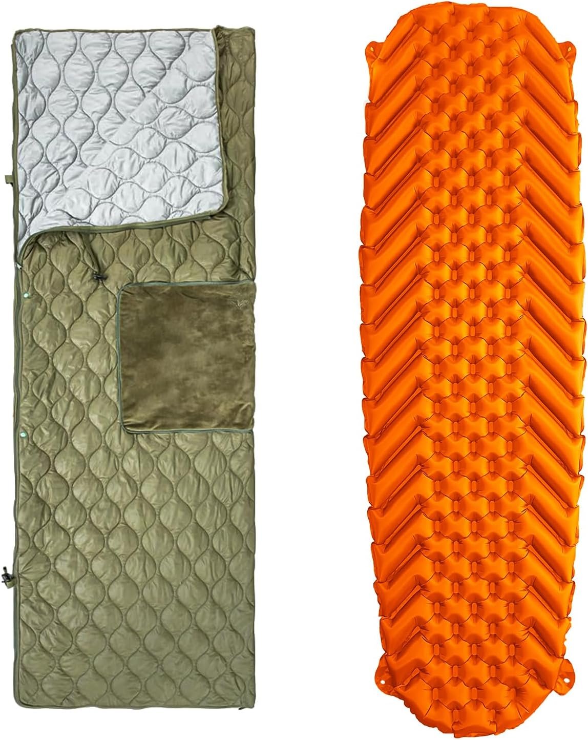 71IxDpJShfL._AC_SL1500_.jpg Sleeping Bag with Inflatable Sleeping Pad, Wearable Blanket Insulated Poncho Hooded, Sleepingbag Quilt for Winter Camping Hiking Sports - Image 1