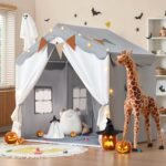 Kids Tent, Kids Play Tent 2 in 1 with Padded Mat and Lights, Large Playhouse with 2 Doors & 4 Windows, Indoor & Outdoor, Halloween Toddler Playhouse, 51" x35" x 51" (Gray)