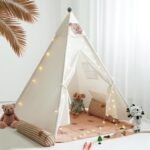 Teepee Tent for Kids-Portable Children Play Tent Indoor Outdoor (White with Mat)