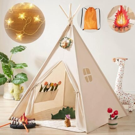 Teepee Tent for Kids with Star Lights, Foldable Play Tent for Girls & Boys, Washable Indoor Toddler Tent, Cozy Warm Reading Nook & Room Decor