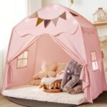 Extra Large Toddler Bed Tent & Kids Play Tent Bed Tent with Flags & Star Lights, Portable & Foldable Teepee, Indoor Outdoor Dome Tent Playhouse, 59x39x59 in,Pink
