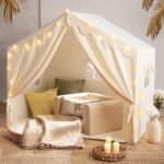 Kids Tent with Mat and Star Lights, Indoor Playhouse for Toddlers, 57"x36"x52" Large Reading Nook for Girls & Boys, Modern Bed Canopy for Kids Room