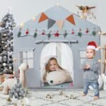 Kids Tent, Kids Play Tent 2 in 1 with Padded Mat and Lights, Large Playhouse with 2 Doors & 4 Windows, Indoor & Outdoor, Halloween Toddler Playhouse, 51" x35" x 51" (Gray) - Image 2